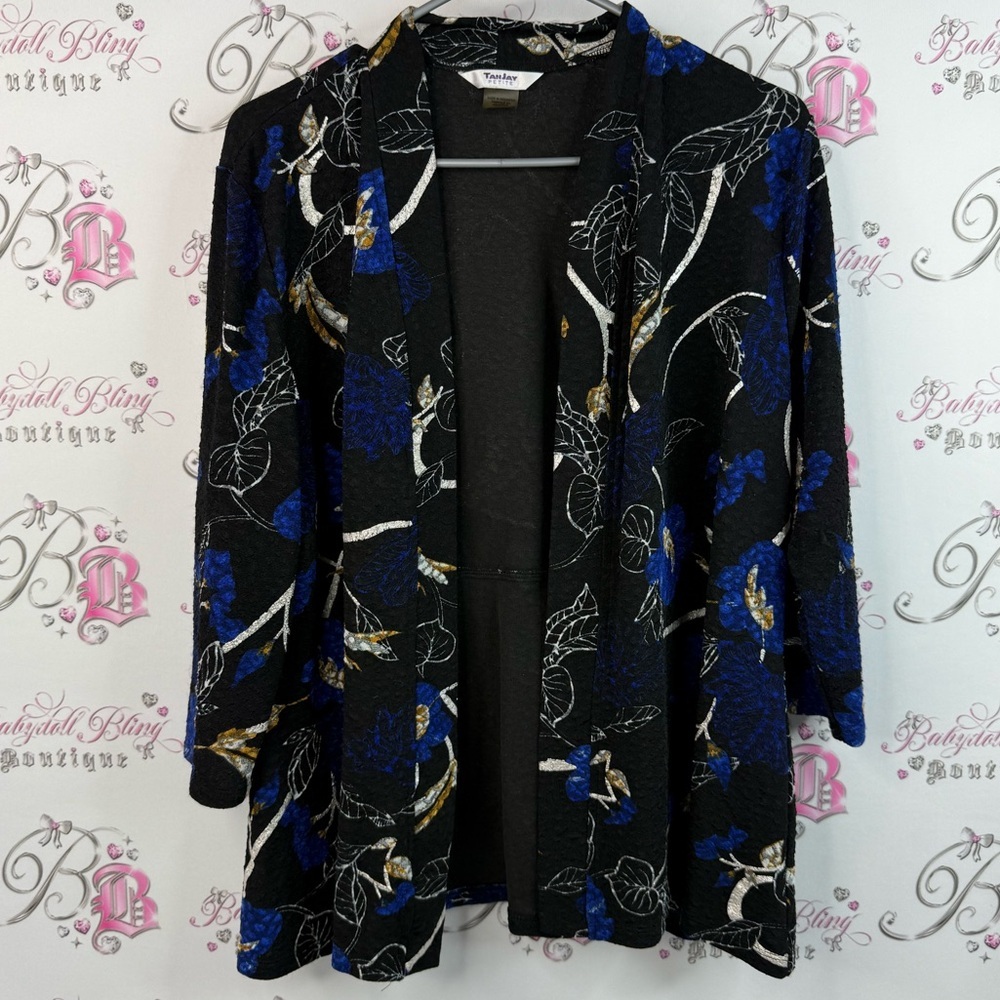 TanJay cardigan open waterfall flowers floral Black and Blue Leaf Print Blazer